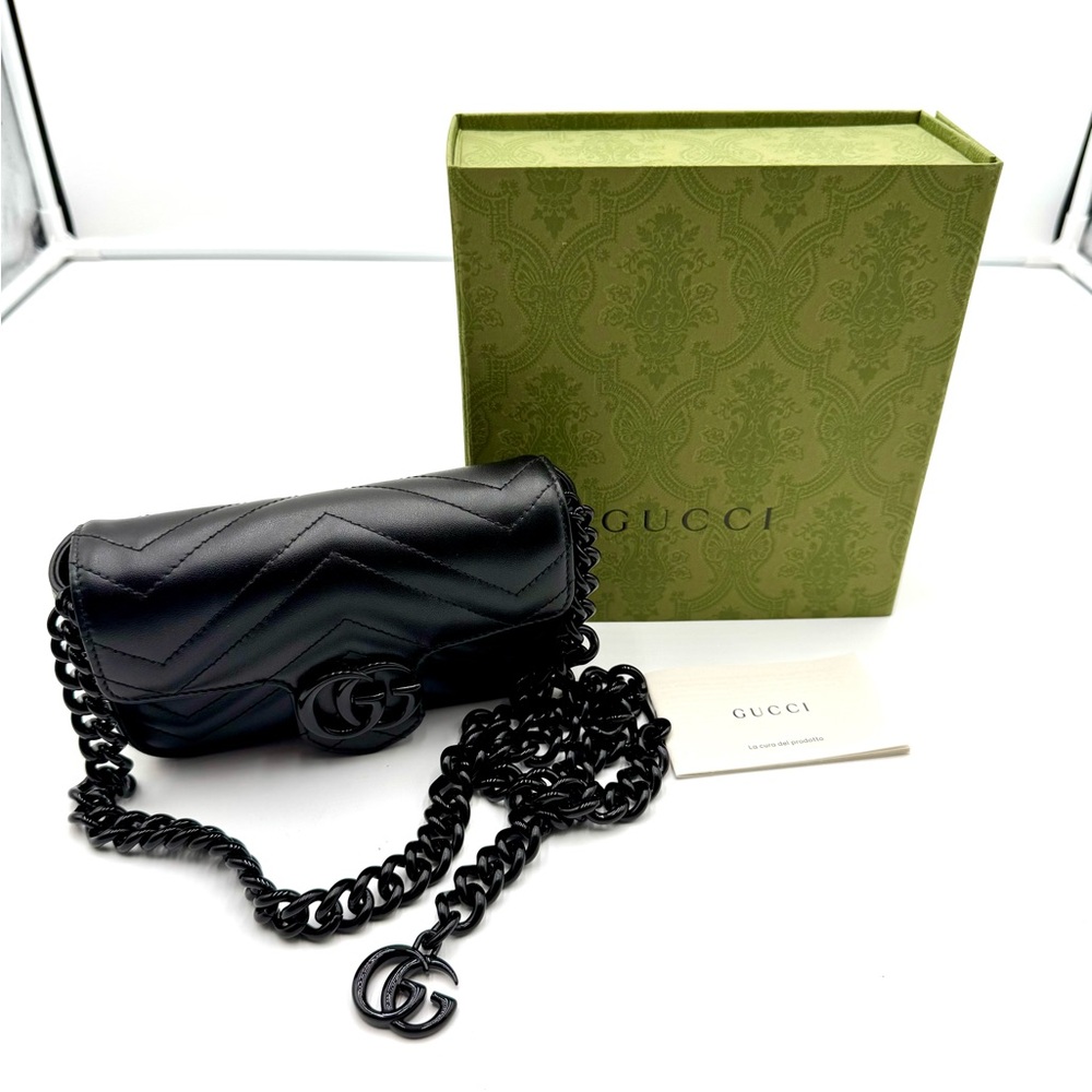 *New* Gucci Calfskin Matelasse Monochrome GG Marmont Chain Belt/Shoulder Bag Blk
